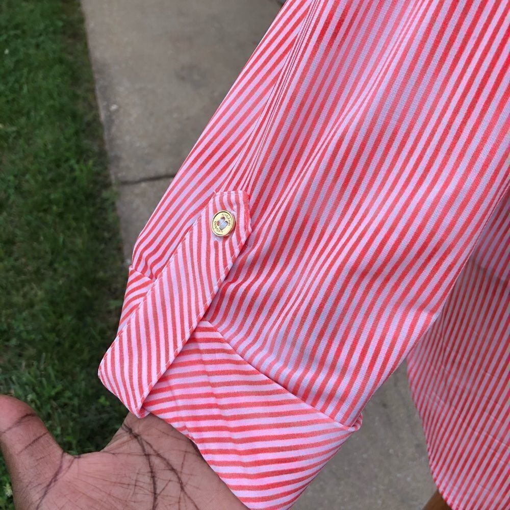 NYGARD orange & red pin striped button down blouse - Picture 5 of 9